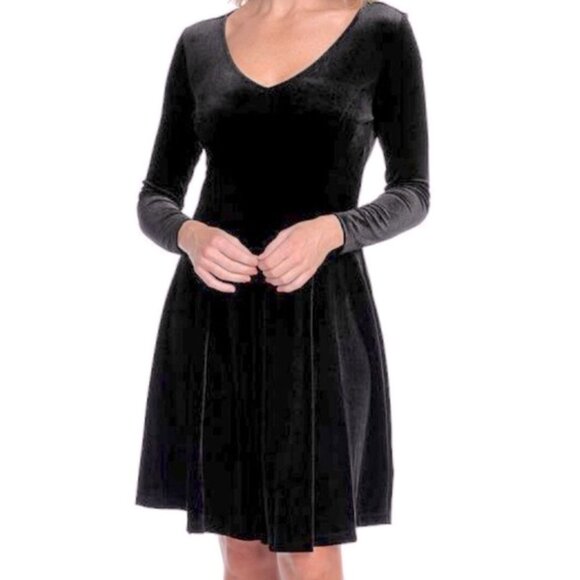 Marc Bouwer Black Velvet Fit & Flare V-Neck Long Sleeve Dress Size 2X 18 20 Plus - Picture 1 of 6